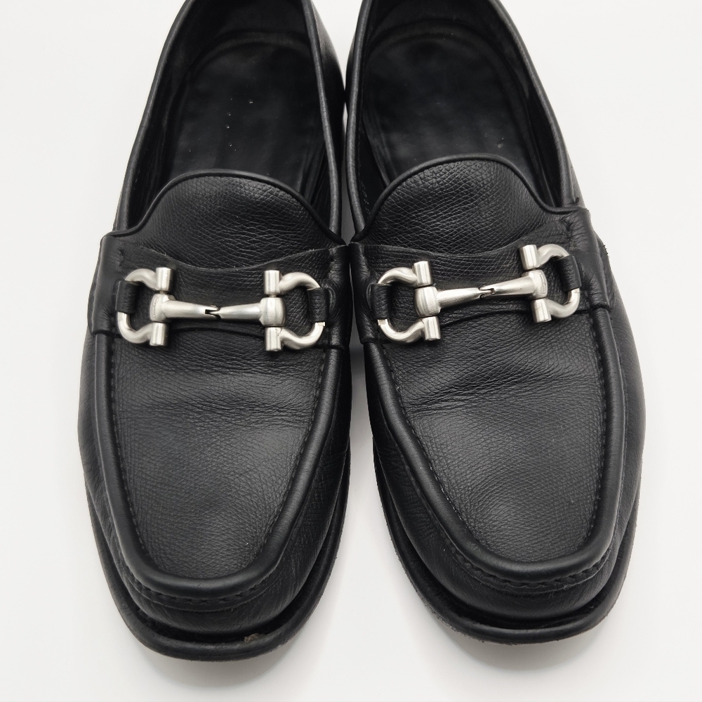 Salvatore Ferragamo Gancini Logo Leather Black Dress Loafers Mens Size 8D Shoes - Picture 7 of 16